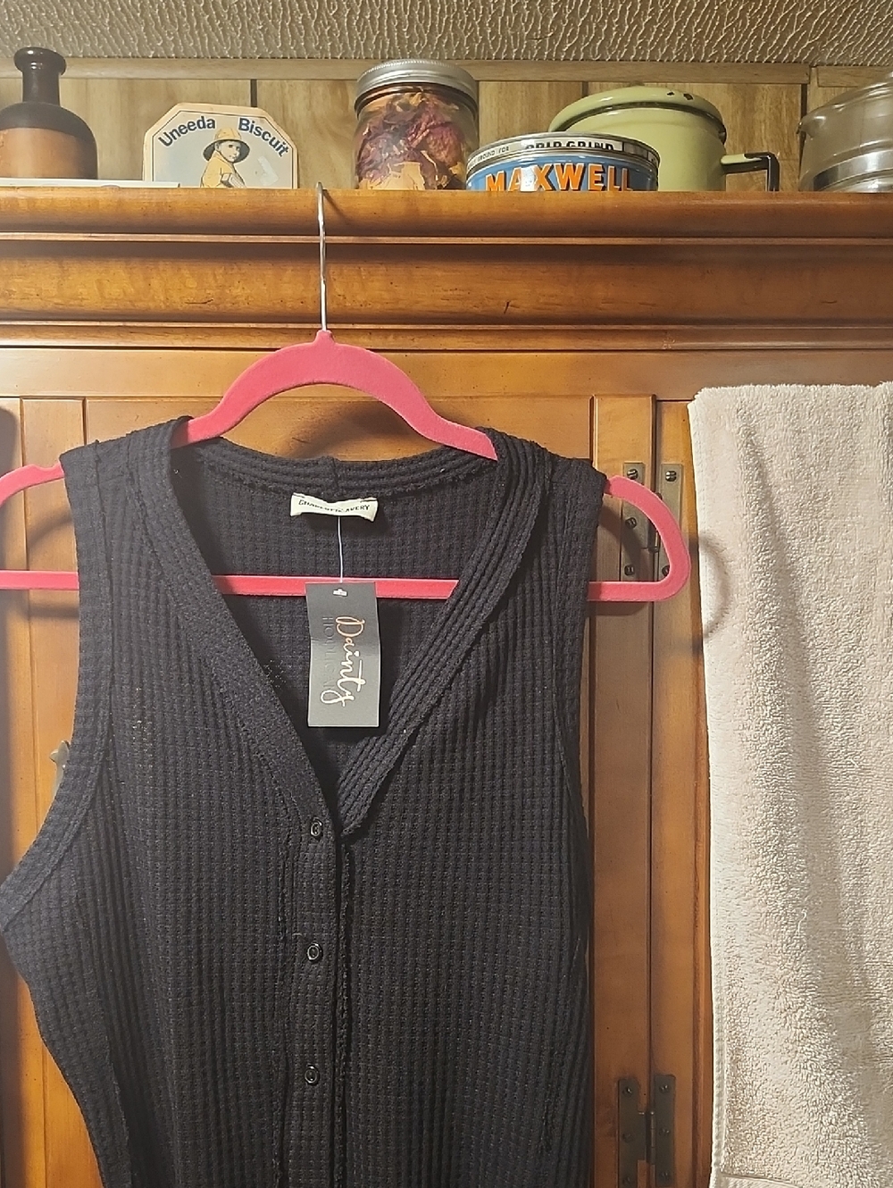 Divinity Black Waffle-Knit Button Front Tank Top